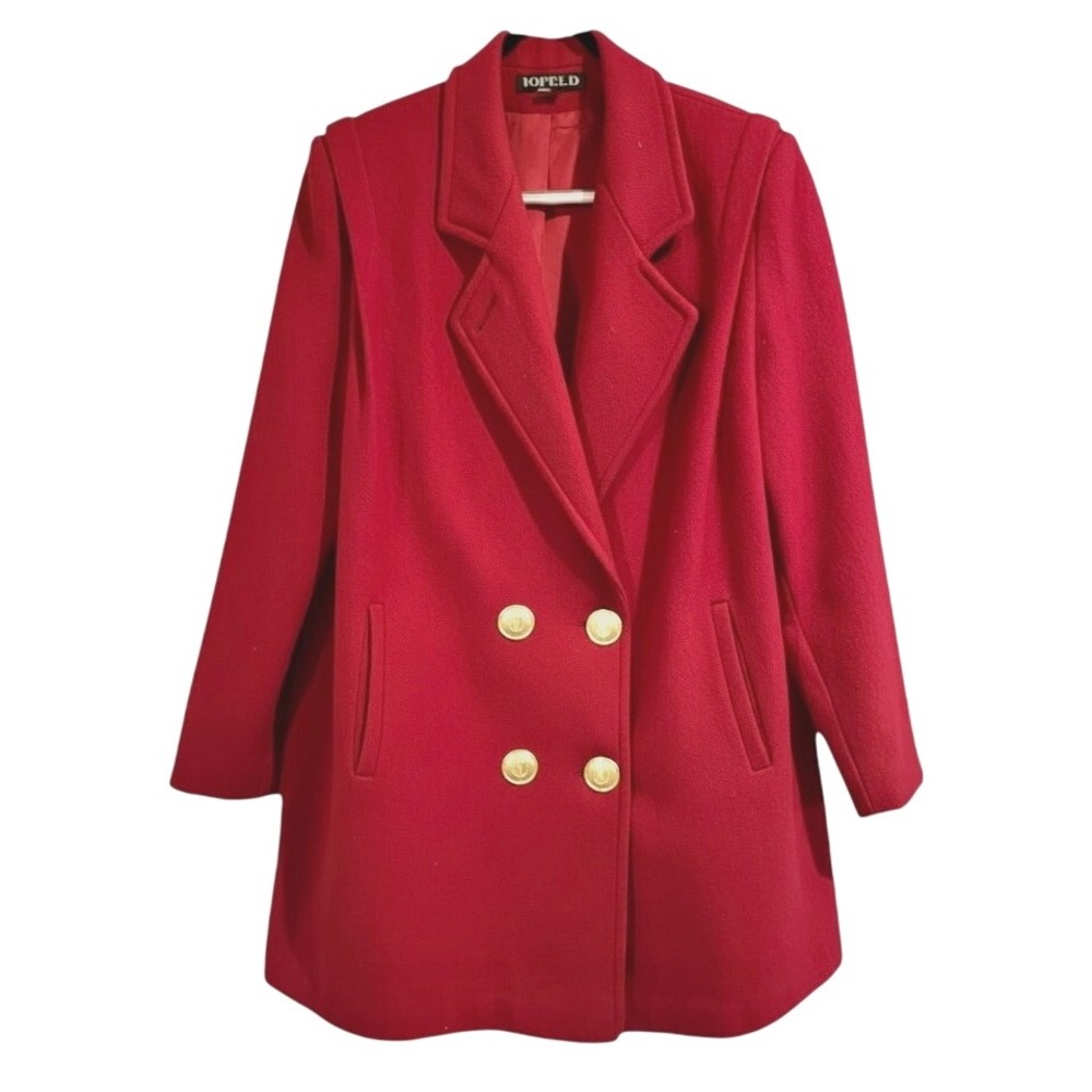Vtg Jofeld Eastman Red WOOL PEA COAT Jacket Double Breasted Gold Buttons Sz M